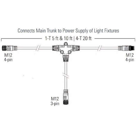 Fluence DC Flex Dimming 1-T Branch Cable - 5ft - M12 Threaded Connector - Compatible with RAZRm and RAZR 2/3/4