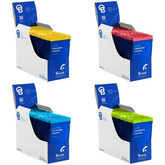 Bluelab Mix Calibration Solution Sachets - 18 mL - 30-Count (10 pH 4.0 / 10 pH 7.0 / 5 EC / 5 KCl Storage)