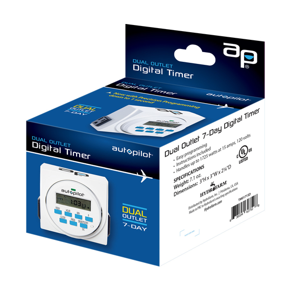 Autopilot Dual Outlet 7-Day Grounded Digital Programmable Timer, 1725W, 15A, 1 Second On/Off