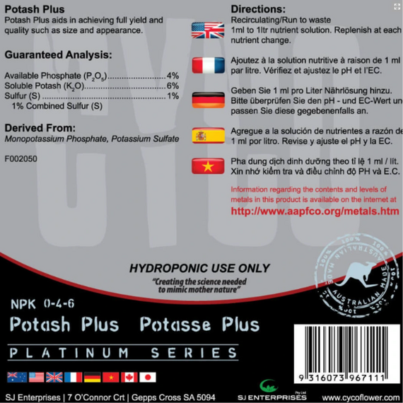 CYCO Platinum Series Potash Plus Potassium Supplement 0-4-6 - 20 L