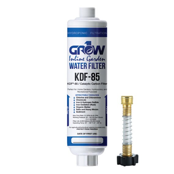 GROW1 Inline KDF-85 Garden Water Filter (Chloramine, Chlorine, Heavy Metals Removal)