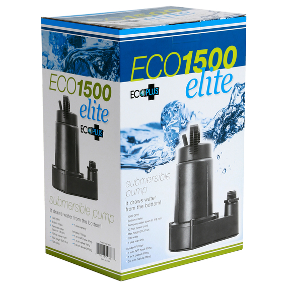 EcoPlus 1500 Elite Submersible Pump - 190 Watt - 12ft Power Cord & Fittings